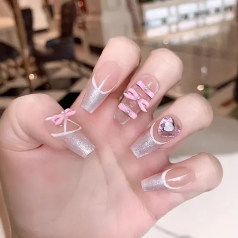 Handmade Press On Nails Long Coffin Shape Luxury Sweet Ballet Pink Silver Rhinestone Heart Bowknot Decor Fake Nails For Women