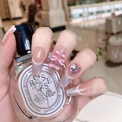 Handmade Press On Nails Long Coffin Shape Luxury Sweet Ballet Pink Silver Rhinestone Heart Bowknot Decor Fake Nails For Women