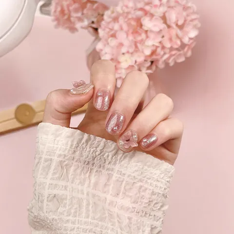 Handmade Press On Nails Pink Cat Eye Flash 3D Butterfly Pearl Translucent Gel False Nails For Women Daily Party Nails
