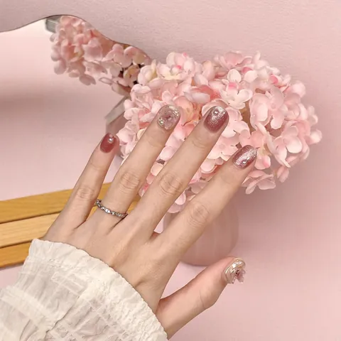 Handmade Press On Nails Pink Cat Eye Flash 3D Butterfly Pearl Translucent Gel False Nails For Women Daily Party Nails
