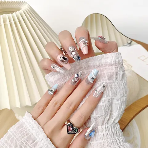 Handgefertigte Aufdrücknägel Lange Sargform Künstliche Nägel Mit Strass Herz Stern Muster Rosa Blau Silber Glitzer Damen