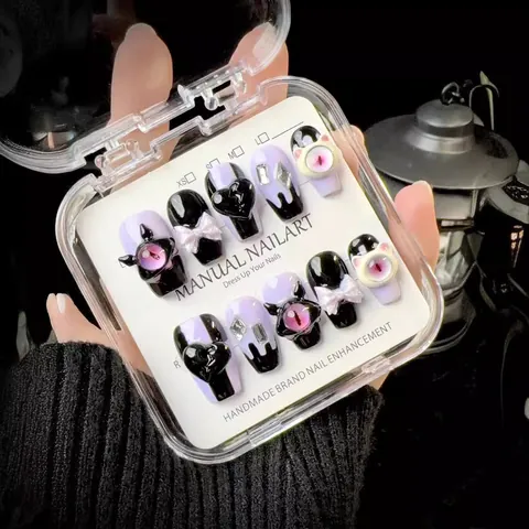 Handmade Gothic Evil Eye Press On Nails Purple Black 3D Heart Bow Cat Eye Design Full Cover Fake Nails For Women Party
