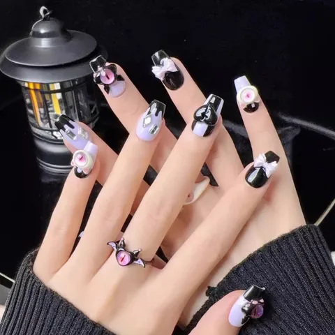 Handmade Gothic Evil Eye Press On Nails Purple Black 3D Heart Bow Cat Eye Design Full Cover Fake Nails For Women Party