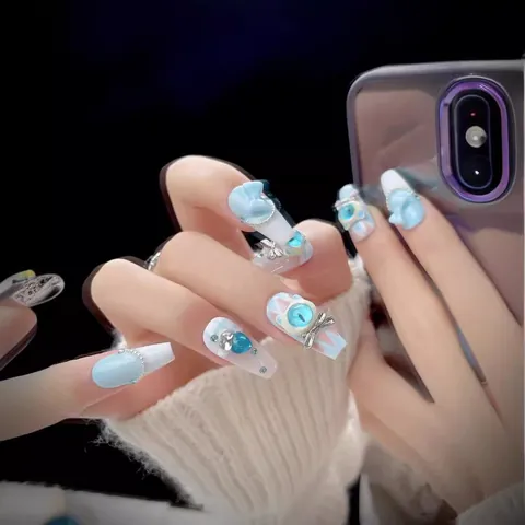 Handmade Long Coffin Press On Nails Little Devil Monster Light Blue 3D Bow Cat Eye Rhinestone Y2K Style Artificial Fake Nails
