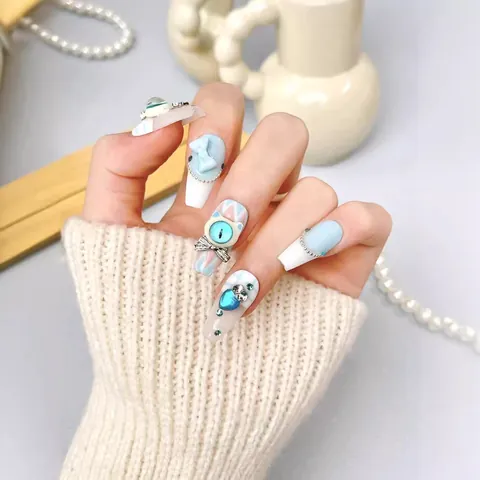Handmade Long Coffin Press On Nails Little Devil Monster Light Blue 3D Bow Cat Eye Rhinestone Y2K Style Artificial Fake Nails