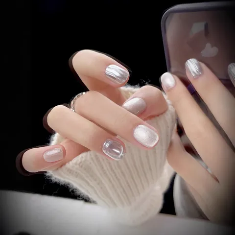 Handmade Press On Nails Silver Metallic Cat Eye Effect Square Round Short Artificial Nails With 3D Water Drop For Women Party Daily
