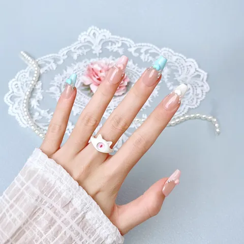 Handmade French Tip Press On Nails Long Ballerina Shape 3D Heart Artificial Pearl Rhinestone Decor Sweet Elegant Fake Nails For Women