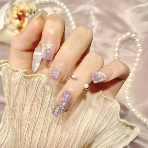 Uñas Postizas Hechas a Mano Mariposa Ojo de Gato Lavanda Degradado Con Lazo de Cinta 3D Y Detalles de Perlas Artificiales Uñas Postizas Ataúd Largo