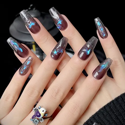 Unghie Finte Fatte a Mano Coffin Lunga Lago dei Cigni Occhio di Gatto Aurora Farfalla Stella Glitter Unghie Staccabili per Donna Manicure di Lusso