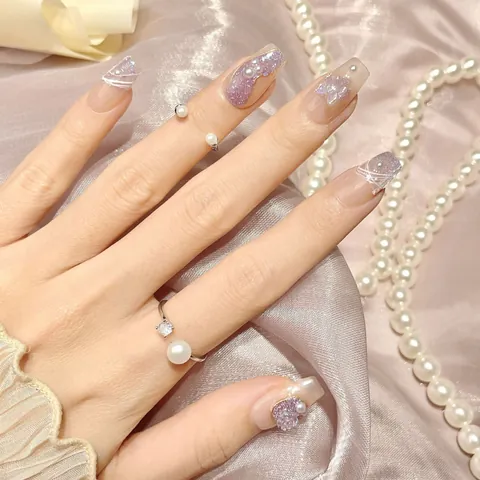 Uñas Postizas Hechas a Mano Mariposa Ojo de Gato Lavanda Degradado Con Lazo de Cinta 3D Y Detalles de Perlas Artificiales Uñas Postizas Ataúd Largo