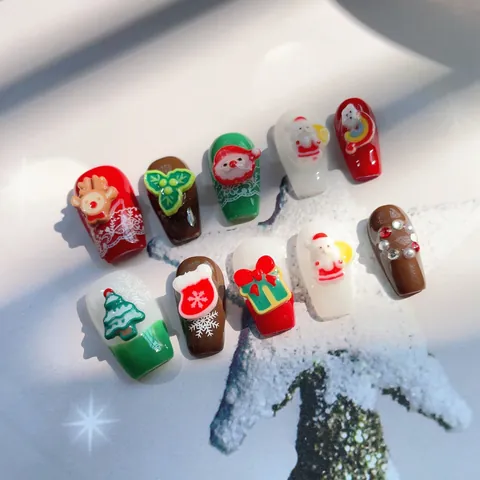Unghie Finte Artigianali di Natale Con Motivo 3D Babbo Natale Alce Renna Rosso Verde Unghie Finte Forma a Bara Kit Unghie