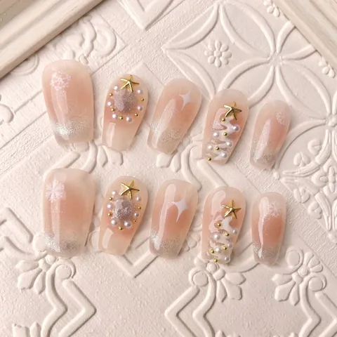 Handmade Christmas Press On Nails French Tip Artificial Pearl Snowflake Cat Eye Gradient Festive Winter Manicure For Women Jewelry