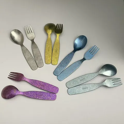 Juego de Cuchara y Tenedor para Niños de Titanio Puro Textura Cristalina de Flor de Hielo Cubiertos Portátiles para Bebés