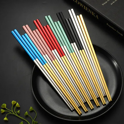 304 Stainless Steel Square Chopsticks Modern Minimalist Bicolor Anti-Slip Hollow Heat Resistant Reusable Metal Tableware For Home Dining