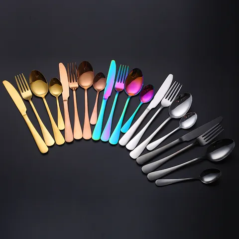 Modern Stainless Steel Knives Forks Large Spoons Tea Spoons Mirror Polished Titanium Plated Flatware With Gift Box For Wedding Party Home