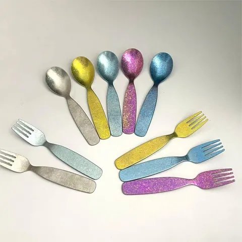 Pure Titanium Kids Spoon Fork Set Crystalline Ice Flower Texture Portable Feeding Flatware For Toddler Baby Mealtime Tableware