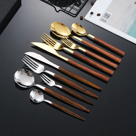 Edelstahl Besteck Holz Marmor Optik Griff Spiegel Poliert Gold Silber Tafelmesser Gabel Löffel Für Hochzeit Bankett Zuhause