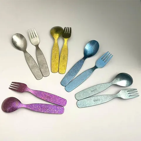 Pure Titanium Kids Spoon Fork Set Crystalline Ice Flower Texture Portable Feeding Flatware For Toddler Baby Mealtime Tableware
