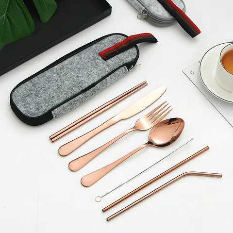 Portable Stainless Steel Tableware Tableware With Felt Travel Pouch Mirror Polished Knife Fork Spoon Chopsticks Straws Cleaning Brush For Picnic Camping Outdoor Office