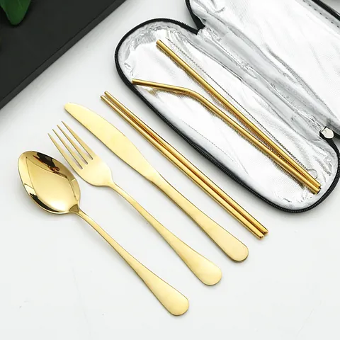 Portable Stainless Steel Tableware Tableware With Felt Travel Pouch Mirror Polished Knife Fork Spoon Chopsticks Straws Cleaning Brush For Picnic Camping Outdoor Office