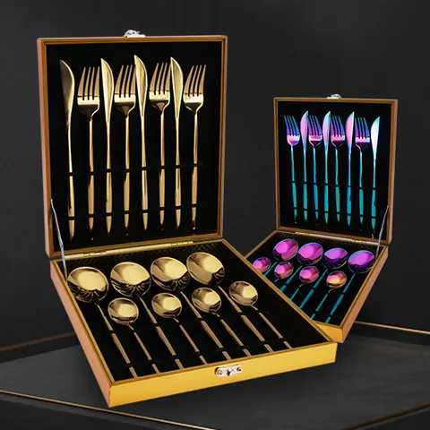 16PCS Stainless Steel Cutlery Set Portuguese Mirror Polished Tableware Gift Box Knives Forks Spoons For Home Wedding Party
