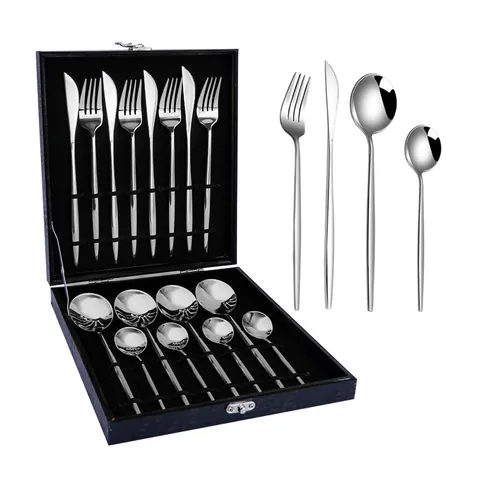 16PCS Stainless Steel Cutlery Set Portuguese Mirror Polished Tableware Gift Box Knives Forks Spoons For Home Wedding Party