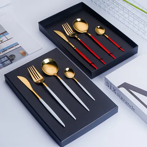410 Stainless Steel Cutlery Set Titanium Gold Plated Mirror Polished Portuguese Style Knife Fork Spoon Set For Home