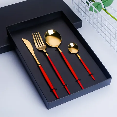 410 Stainless Steel Cutlery Set Titanium Gold Plated Mirror Polished Portuguese Style Knife Fork Spoon Set For Home