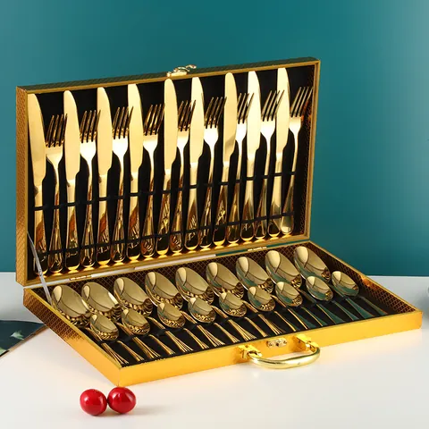 Luxe Service de Couverts en Acier Inoxydable 36 48 Pièces Avec Coffret Cadeau en Bois Doré Vaisselle Occidentale Polie Miroir Pour Mariage