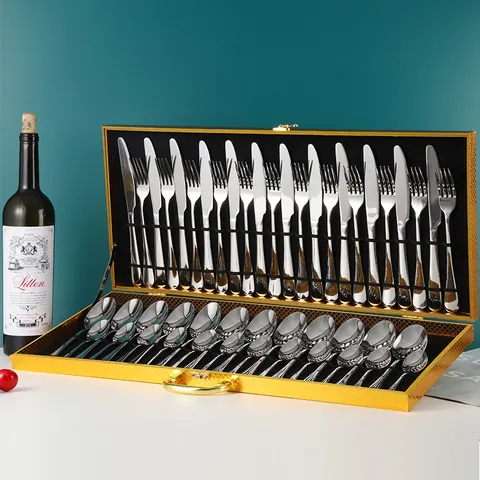 Luxe Service de Couverts en Acier Inoxydable 36 48 Pièces Avec Coffret Cadeau en Bois Doré Vaisselle Occidentale Polie Miroir Pour Mariage
