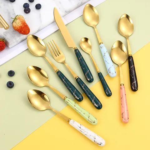 Stainless Steel Tableware Collection Marble Pattern Ceramic Handle Gold Plated Knife Fork Spoon Cutlery With Storage Stand