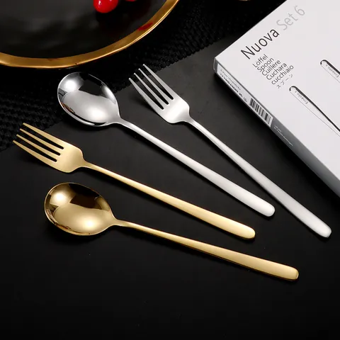Ensemble Cuillère Fourchette en Acier Inoxydable 304 Style Coréen Longue Poignée Poli Miroir Couverts Dessert Café Coffret Cadeau