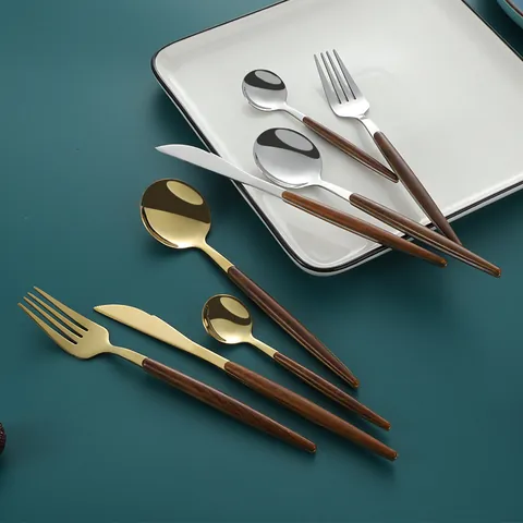 Luxury 410 Stainless Steel Flatware With Wood Handle Knife Fork Spoon Set Mirror Polished Dinnerware For Home Dining Wedding Party Gift Box