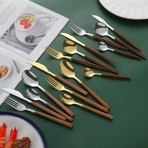Modern Stainless Steel Knife Fork Spoon With Imitation Wood Grain Handle Mirror Polished Dinnerware For 6 Home Restaurant Dining Utensil Gift Case