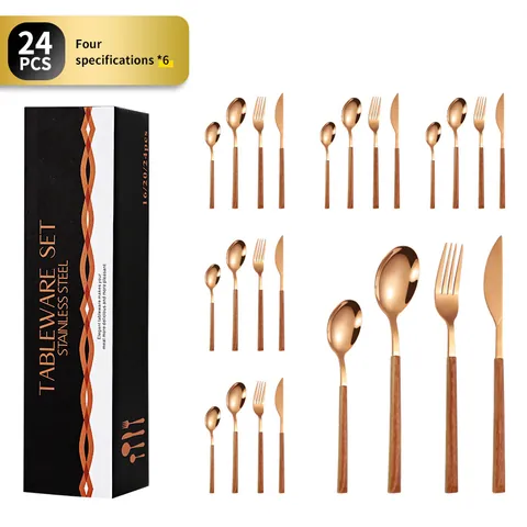 Ensemble de Couverts 24 Pièces en Acier Inoxydable Poignée Grain de Bois Vaisselle Or Argent Poli Miroir Couteau Fourchette Cuillère pour Mariage Fête