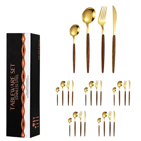 Portugiesischer Stil Edelstahl Besteck Gold Tafelgeschirr Mit Holzmaserung Griff Luxus Essgeschirr Für Haus Restaurant Party