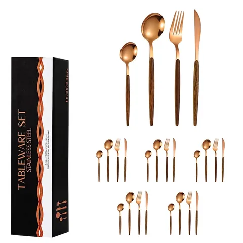 Portugiesischer Stil Edelstahl Besteck Gold Tafelgeschirr Mit Holzmaserung Griff Luxus Essgeschirr Für Haus Restaurant Party