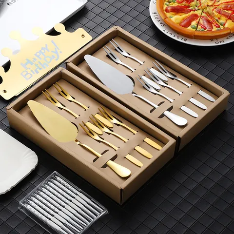 Ensemble Pelle à Gâteau et Fourchettes à Fruits en Acier Inoxydable Poli Miroir Couverts à Dessert pour Anniversaire Mariage Boîte Cadeau