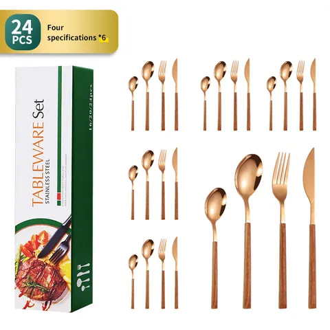 Luxury Stainless Steel Cutlery Flatware With Faux Wood Handle Mirror Polished Knives Forks Spoons For Wedding Banquet Tableware