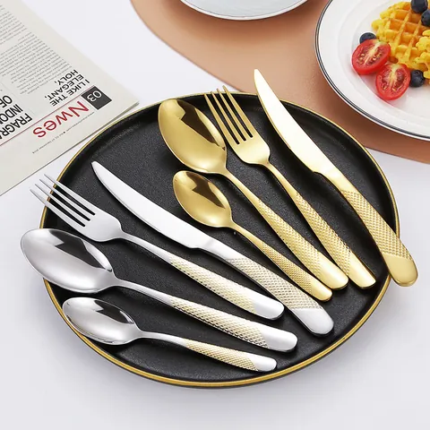 Cubiertos de Acero Inoxidable 410 Con Mango de Patrón de Diamante Pulido Espejo Cuchillo Tenedor Cuchara Cucharilla Vajilla Para Uso Diario