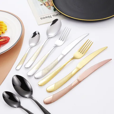 Cubiertos de Acero Inoxidable 410 Con Mango de Patrón de Diamante Pulido Espejo Cuchillo Tenedor Cuchara Cucharilla Vajilla Para Uso Diario