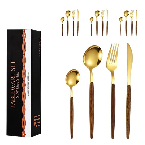 Set Posate in Acciaio Inossidabile Stile Portoghese Con Manico Finto Legno Set di Posate Lucido a Specchio per Matrimonio Casa Regalo
