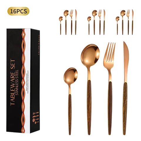Set Posate in Acciaio Inossidabile Stile Portoghese Con Manico Finto Legno Set di Posate Lucido a Specchio per Matrimonio Casa Regalo