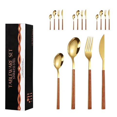 Stainless Steel Tableware Knife Fork Spoon Dessert Spoon Wood-Look Handle Mirror Polished Dining Utensils Home Wedding Party