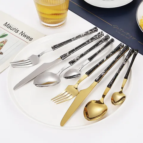 Ensemble de Couverts de Luxe en Acier Inoxydable 430 Manche Marbre Couteau à Steak Fourchette Cuillère de Table Vaisselle Occidentale Maison Cuisine