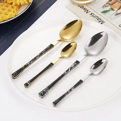 Ensemble de Couverts de Luxe en Acier Inoxydable 430 Manche Marbre Couteau à Steak Fourchette Cuillère de Table Vaisselle Occidentale Maison Cuisine