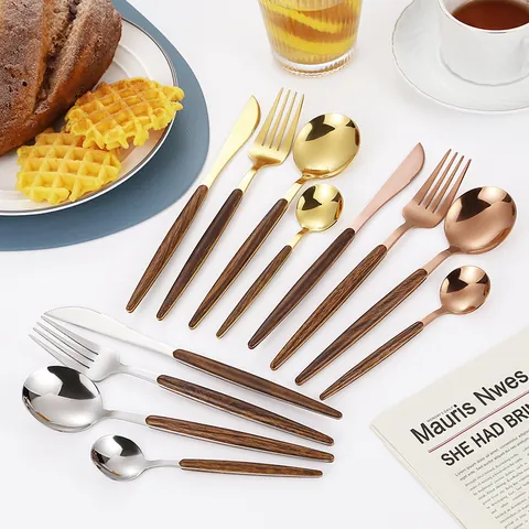 Vintage Stainless Steel Cutlery Collection Imitation Wood Handle Gold Silver Rose Gold Steak Knife Fork Spoon For Home Restaurant Dining