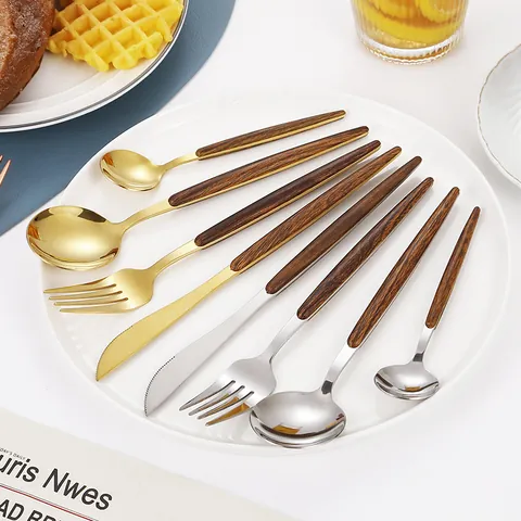 Vintage Stainless Steel Cutlery Collection Imitation Wood Handle Gold Silver Rose Gold Steak Knife Fork Spoon For Home Restaurant Dining