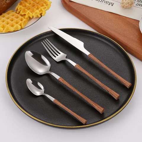 430 Stainless Steel Tableware With Faux Wood Handle Mirror Polished Knife Fork Spoon Dinnerware For Kitchen Restaurant