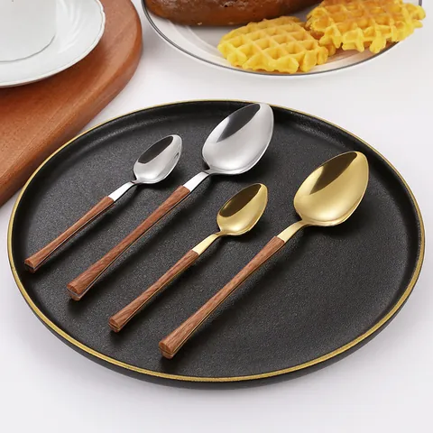 430 Stainless Steel Tableware With Faux Wood Handle Mirror Polished Knife Fork Spoon Dinnerware For Kitchen Restaurant